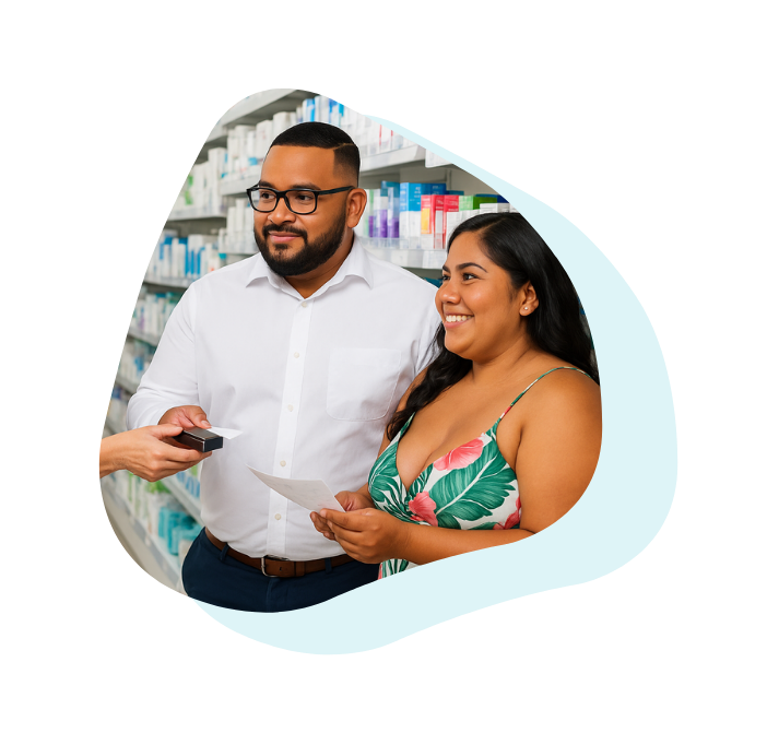 A smiling couple standing close together in a pharmacy in Aruba.